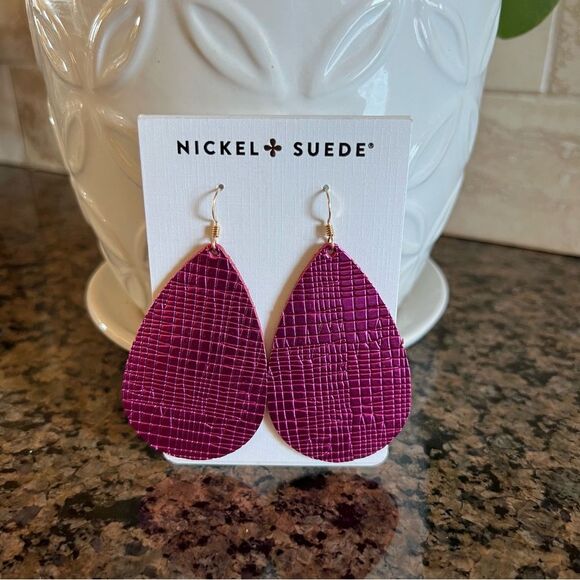 Nickel & Suede Full Grain Leather Nickel Free Textured Fuchsia Teardrop Earrings - Picture 2 of 12